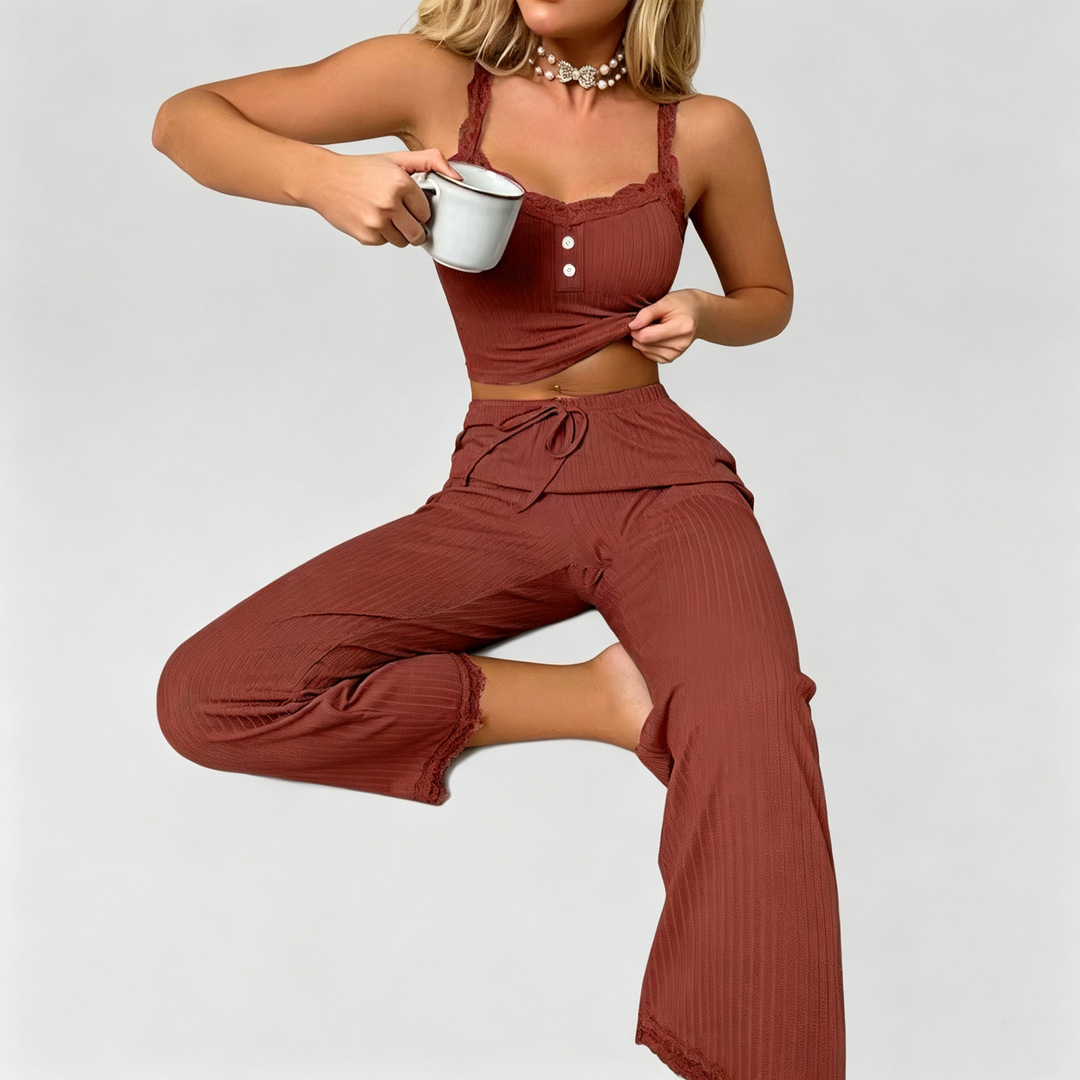 The Elara Lace Trim Ribbed Lounge Set