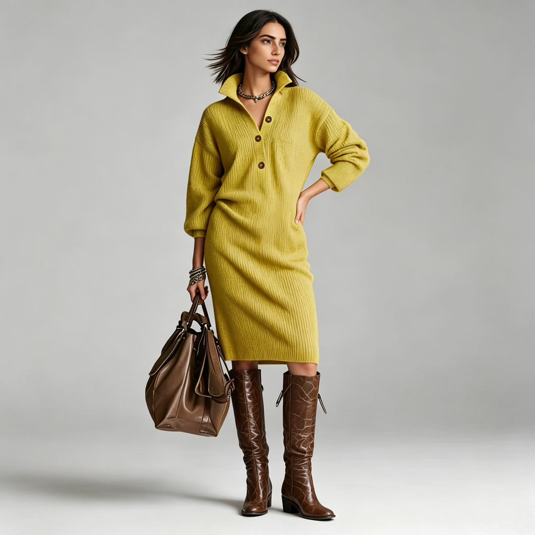 The Elara Button-Collar Ribbed Knit Midi Dress