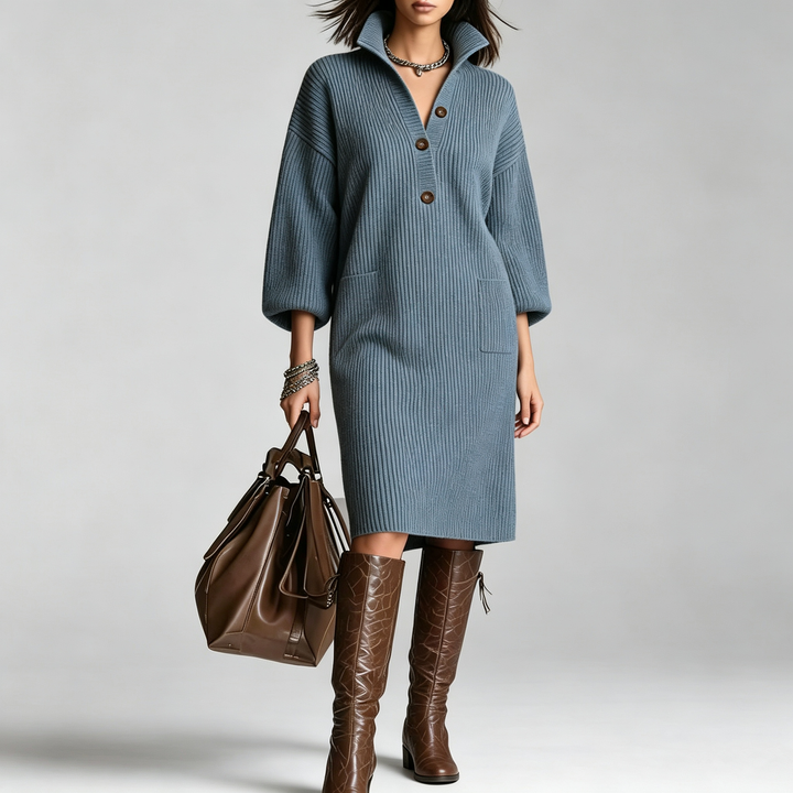 The Elara Button-Collar Ribbed Knit Midi Dress