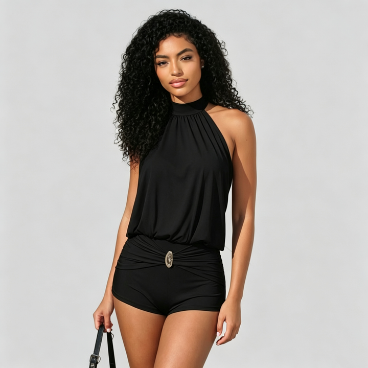 The Elara Ruched Halter Mini Romper