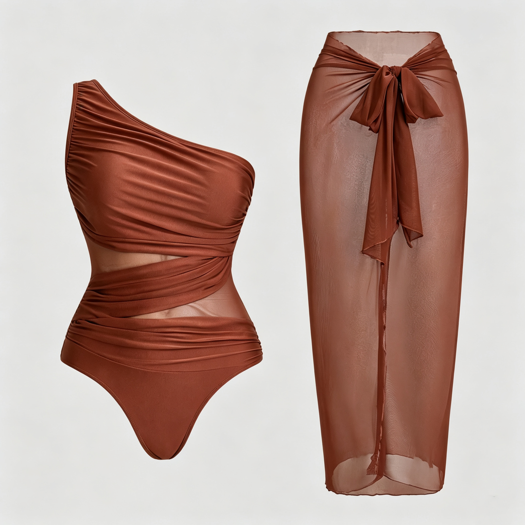 The Elara One-Shoulder Mesh Sarong Swimsuit Set