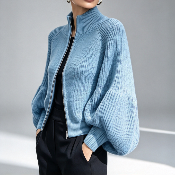 The Elara Balloon-Sleeve Zip Knit Cardigan