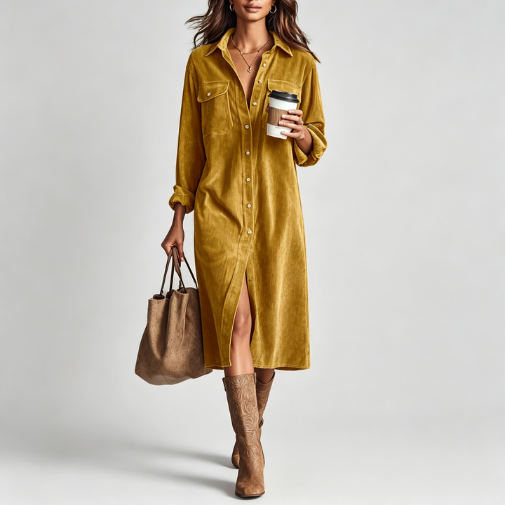 The Elara Corduroy Button-Down Midi Dress