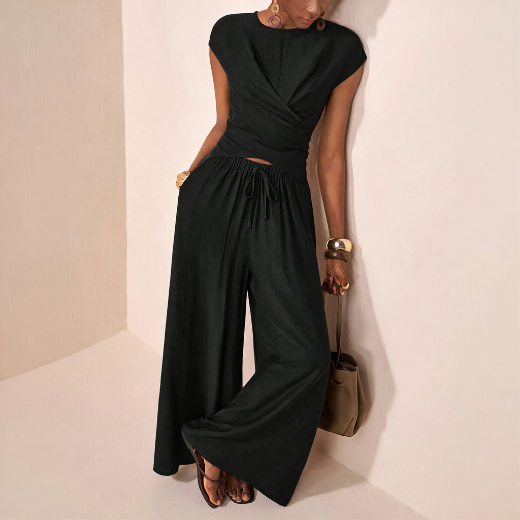 The Elara Draped Wrap-Front Palazzo Set