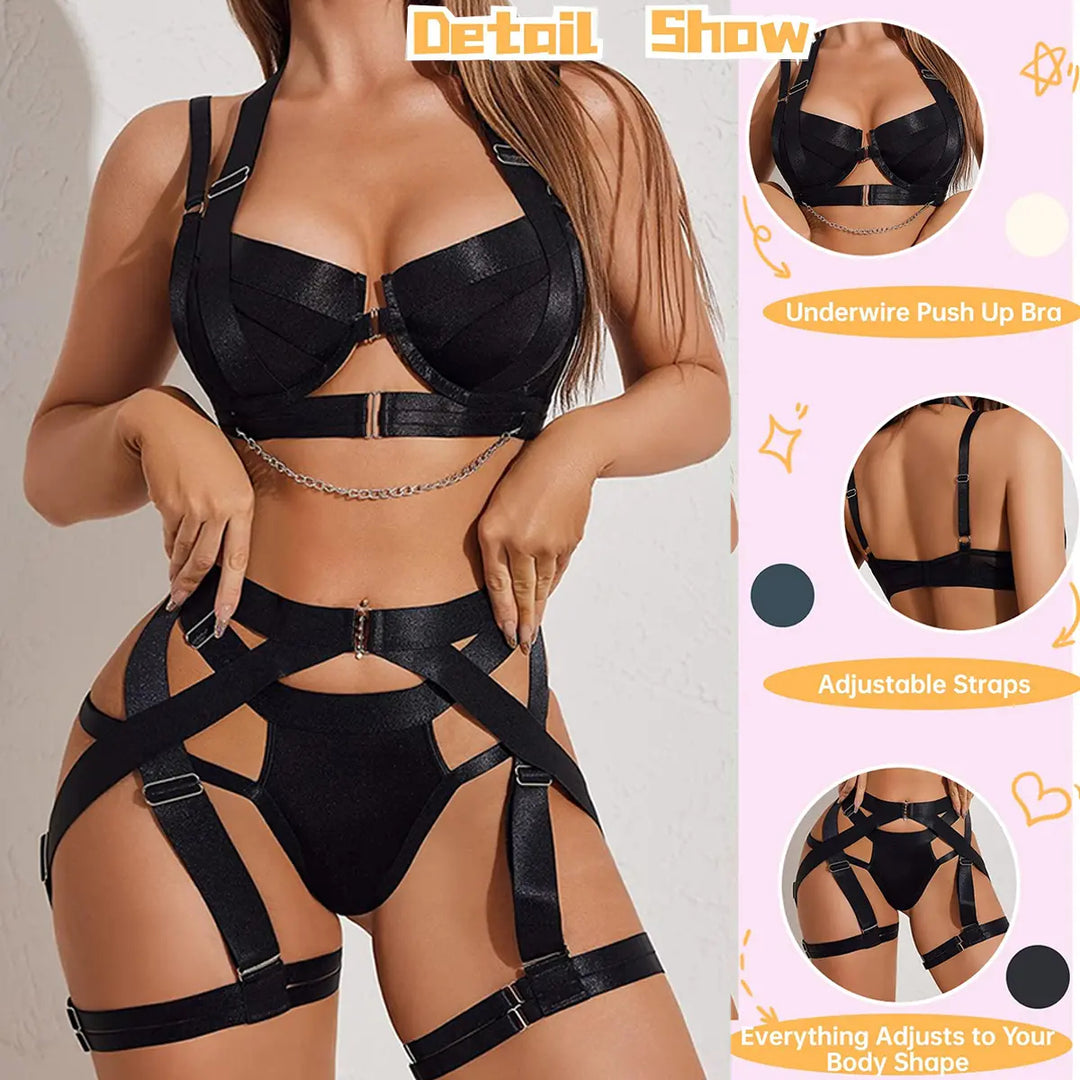 The Elara Strappy Push-Up Bra Garter Set with Chain