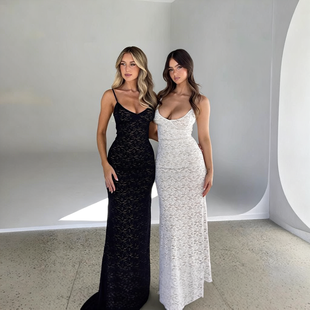 The Elara Allover Floral Lace Slip Gown