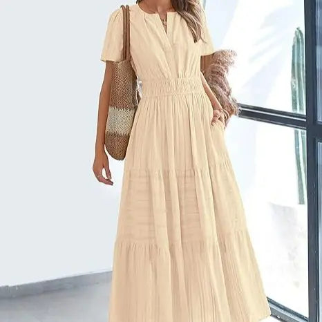 The Elara V-Neck Smocked Waist Tiered Maxi Dress