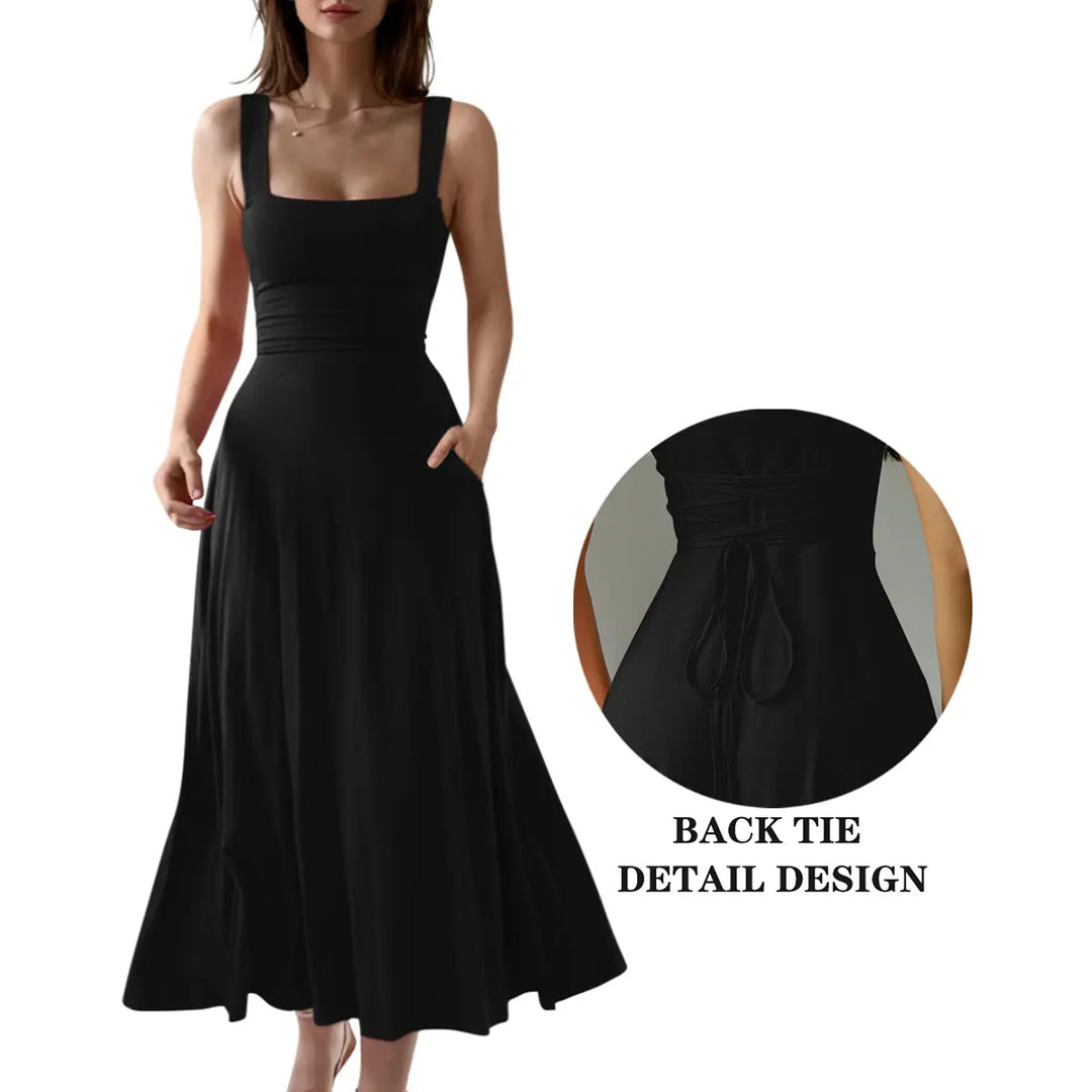 The Elara Square Neck Back Tie A-Line Midi Dress