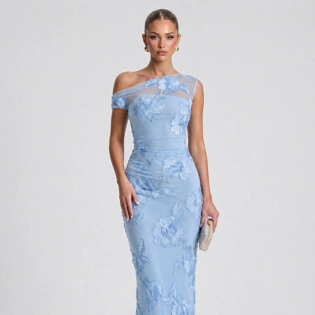 The Elara One-Shoulder 3D Floral Lace Maxi Dress
