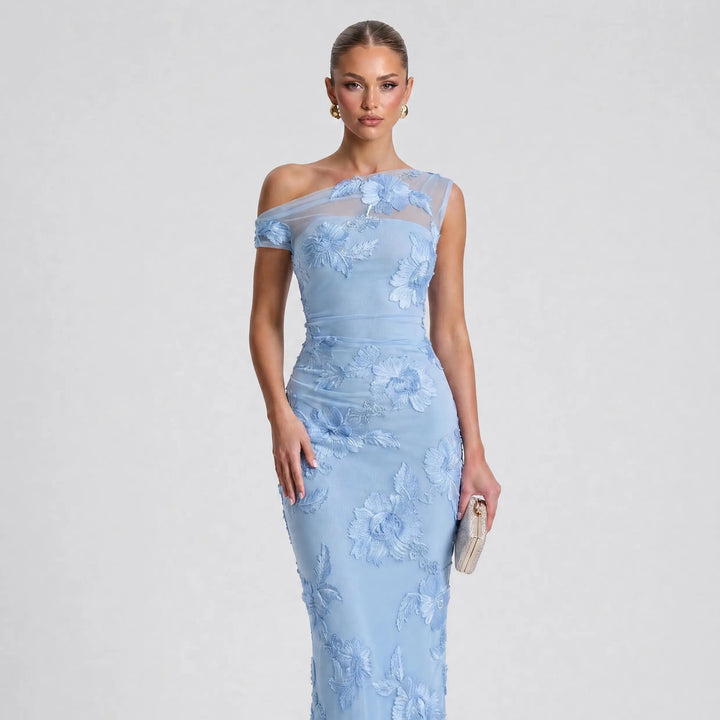The Elara One-Shoulder 3D Floral Lace Maxi Dress