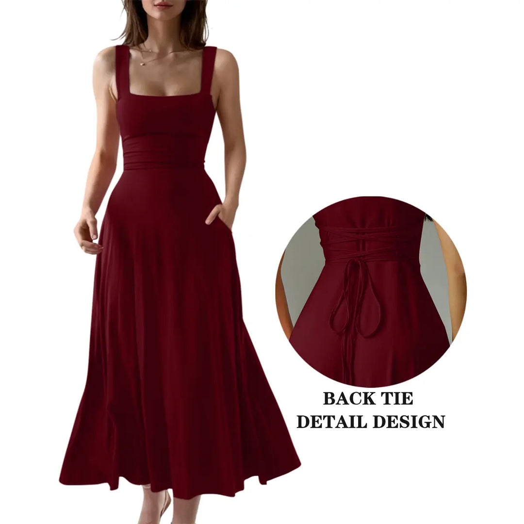 The Elara Square Neck Back Tie A-Line Midi Dress
