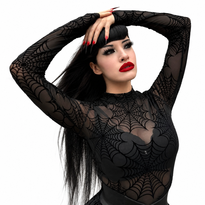 The Elara Spiderweb Mesh Mock Neck Top