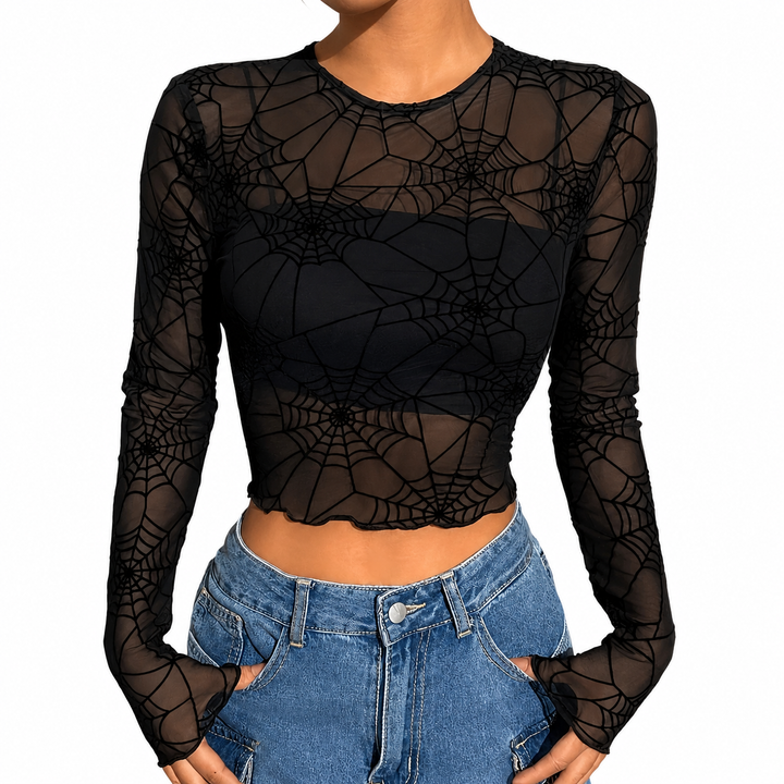 The Elara Spiderweb Mesh Mock Neck Top