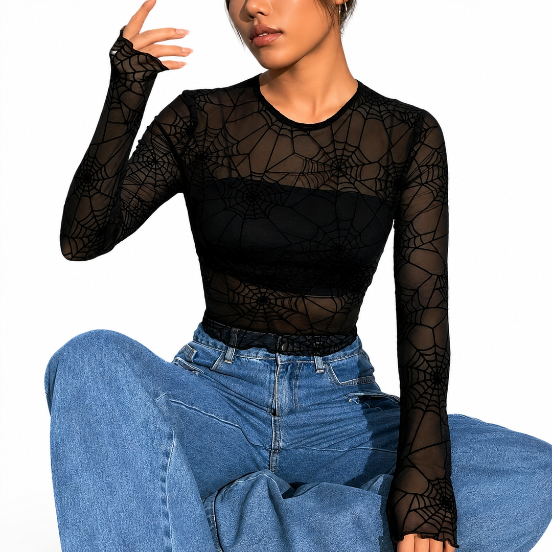 The Elara Spiderweb Mesh Mock Neck Top