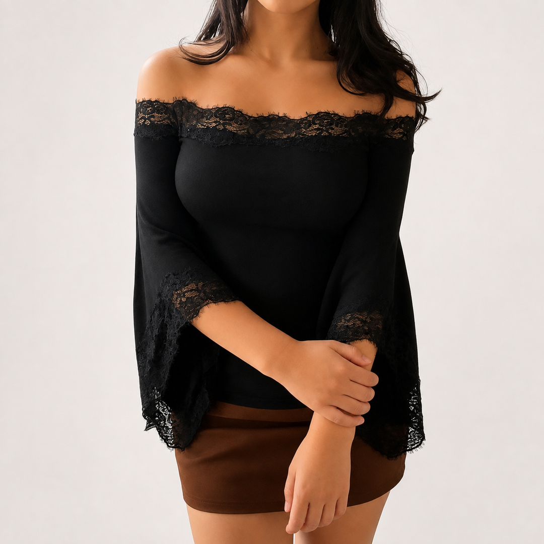 The Elara Lace Off Shoulder Bell Sleeve Top