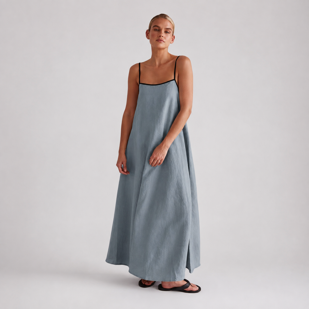The Elara Contrast Trim Linen Maxi Dress