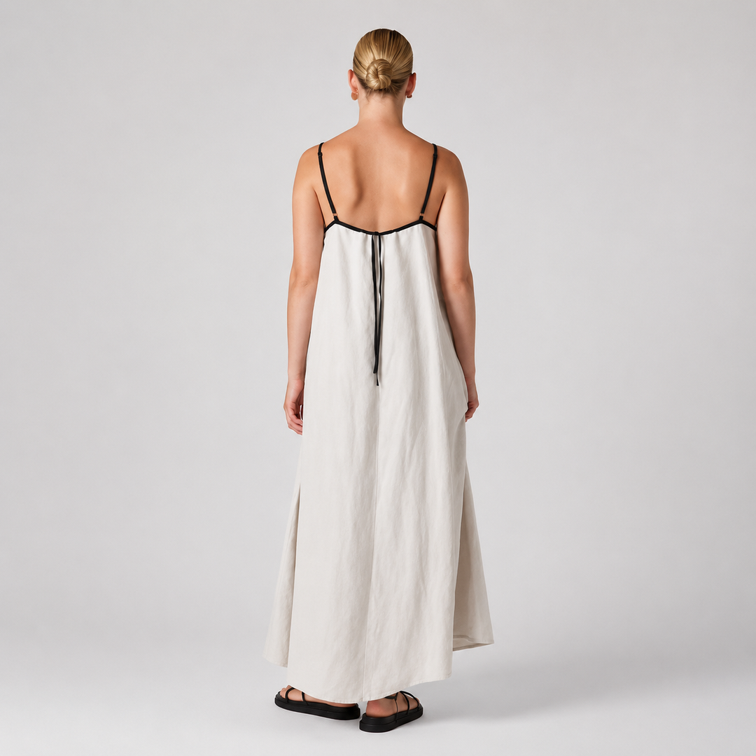 The Elara Contrast Trim Linen Maxi Dress