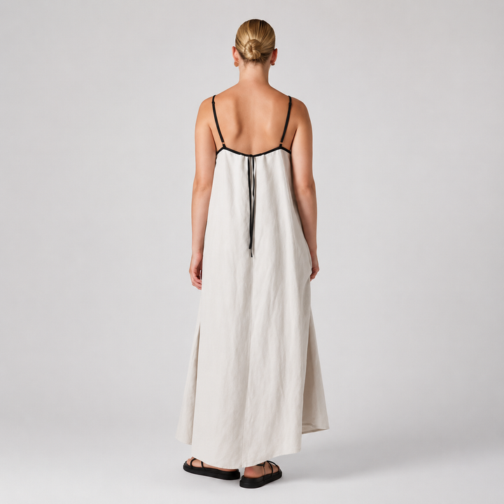 The Elara Contrast Trim Linen Maxi Dress