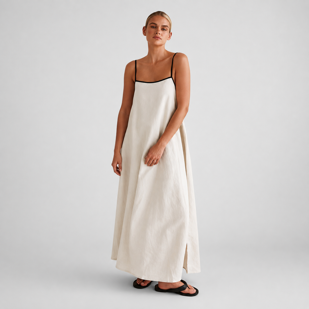 The Elara Contrast Trim Linen Maxi Dress