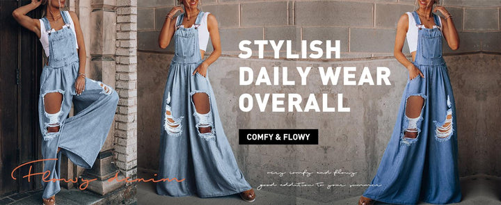 The Elara Distressed Wide-Leg Denim Overalls