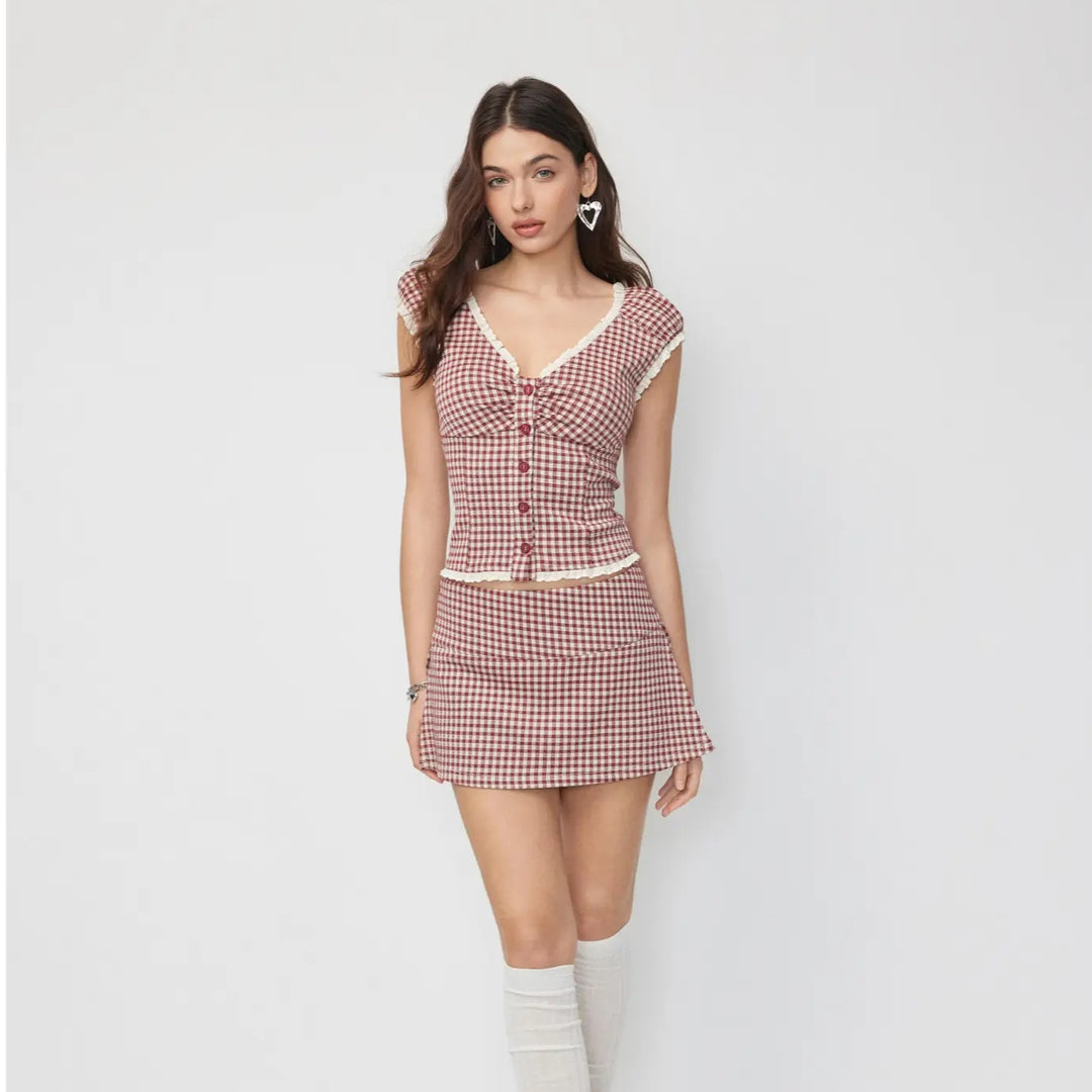 The Elara Gingham Sweetheart Crop Top