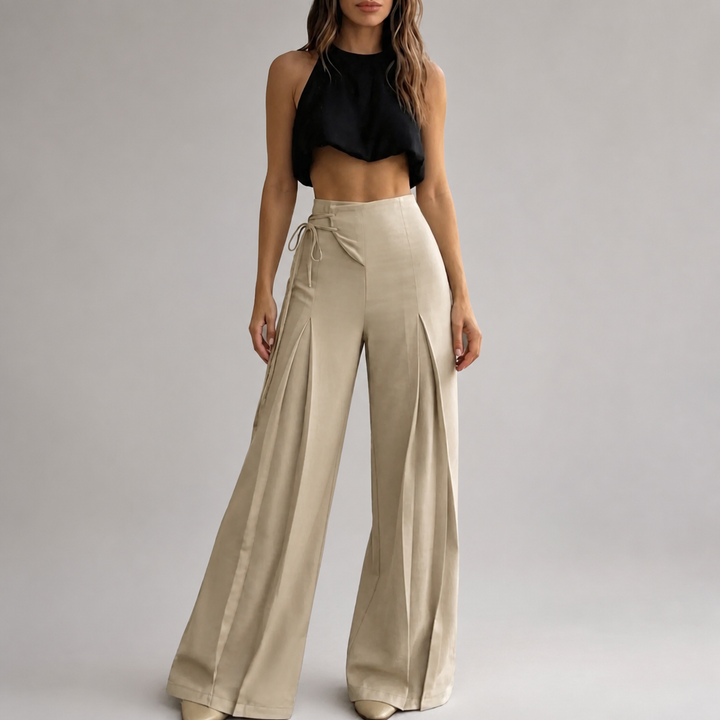 Khaki side-tie wide-leg pants, alternate front view