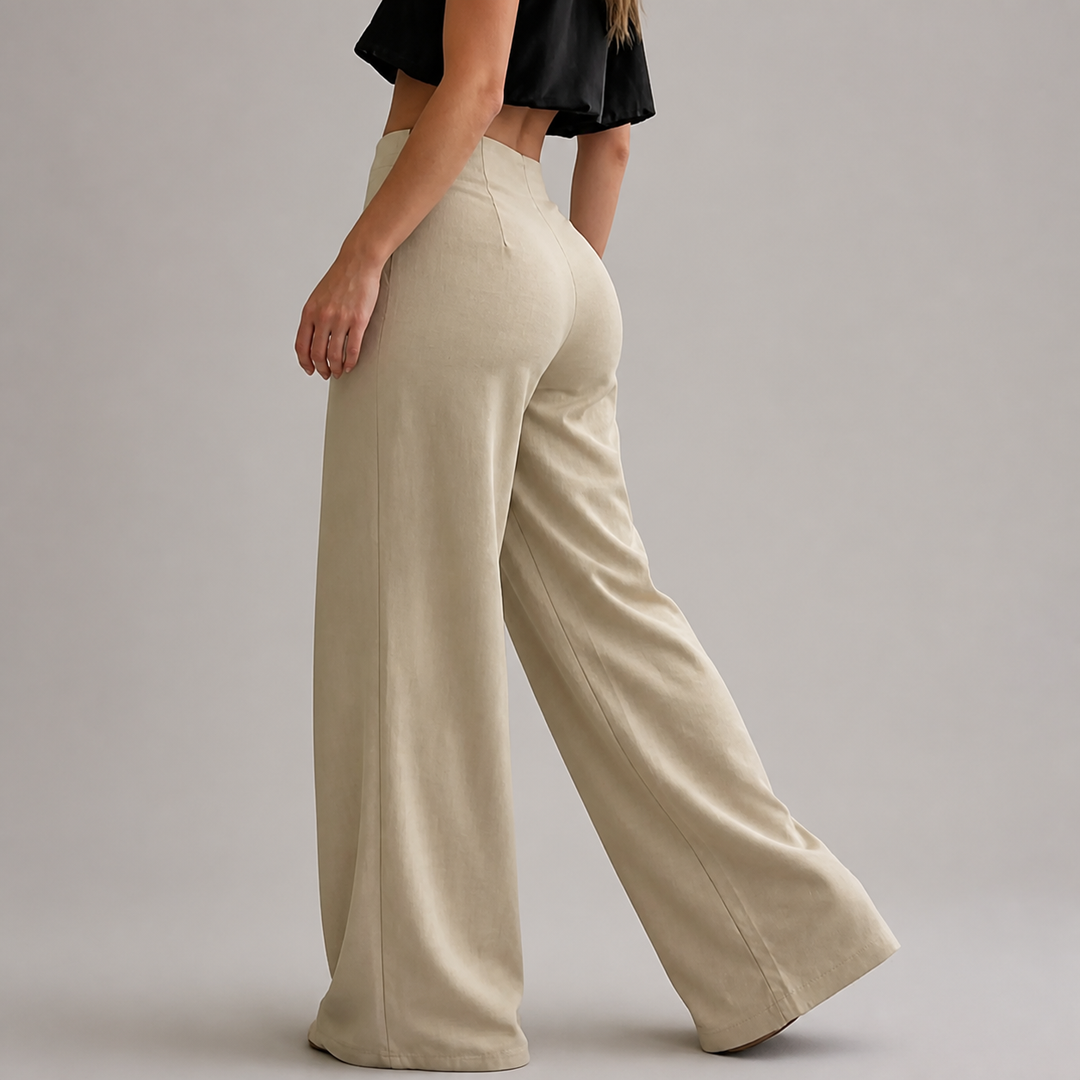 Khaki side-tie wide-leg pants, back view