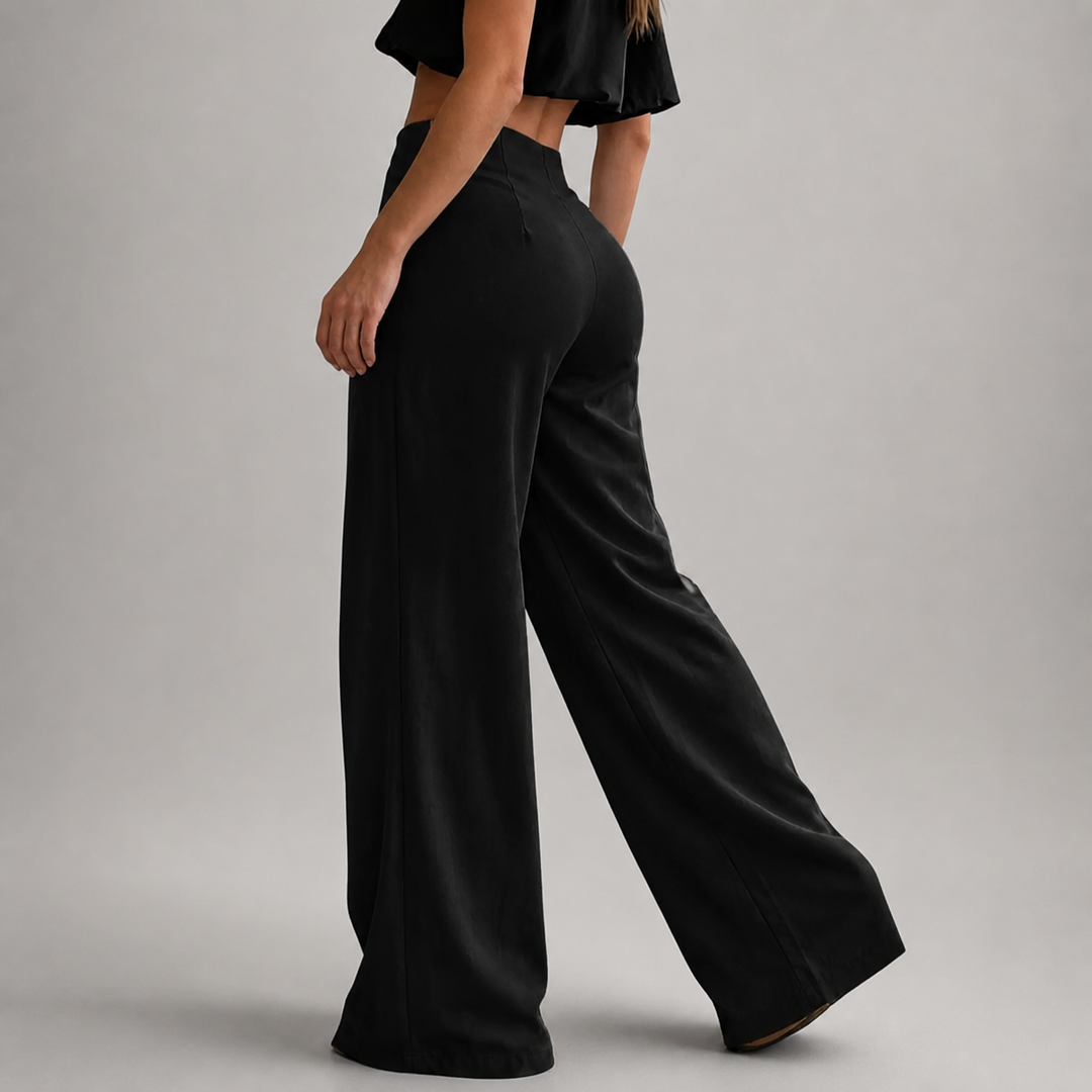 Black side-tie wide-leg pants, back view