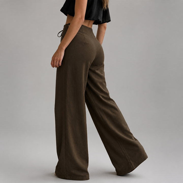 Brown side-tie wide-leg pants, back view