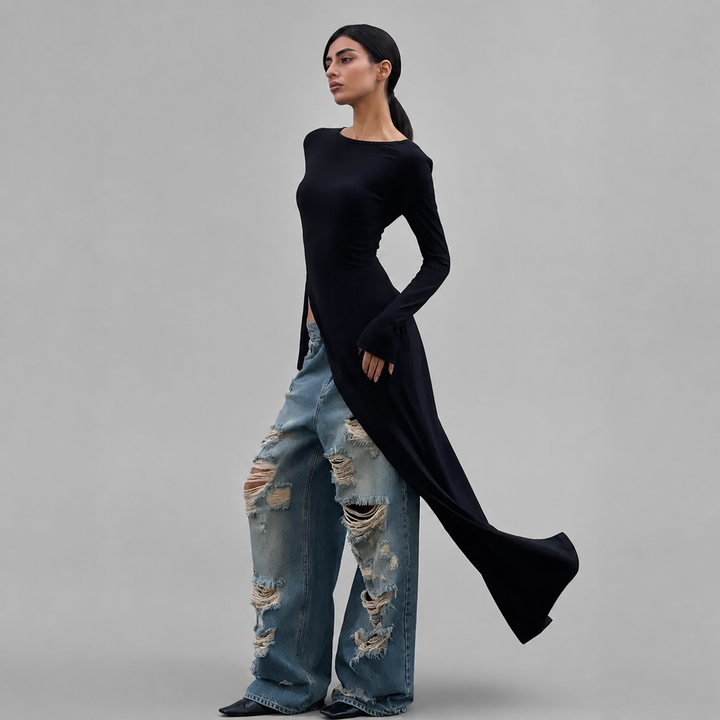 Black high-slit long-sleeve maxi dress, styled angle view