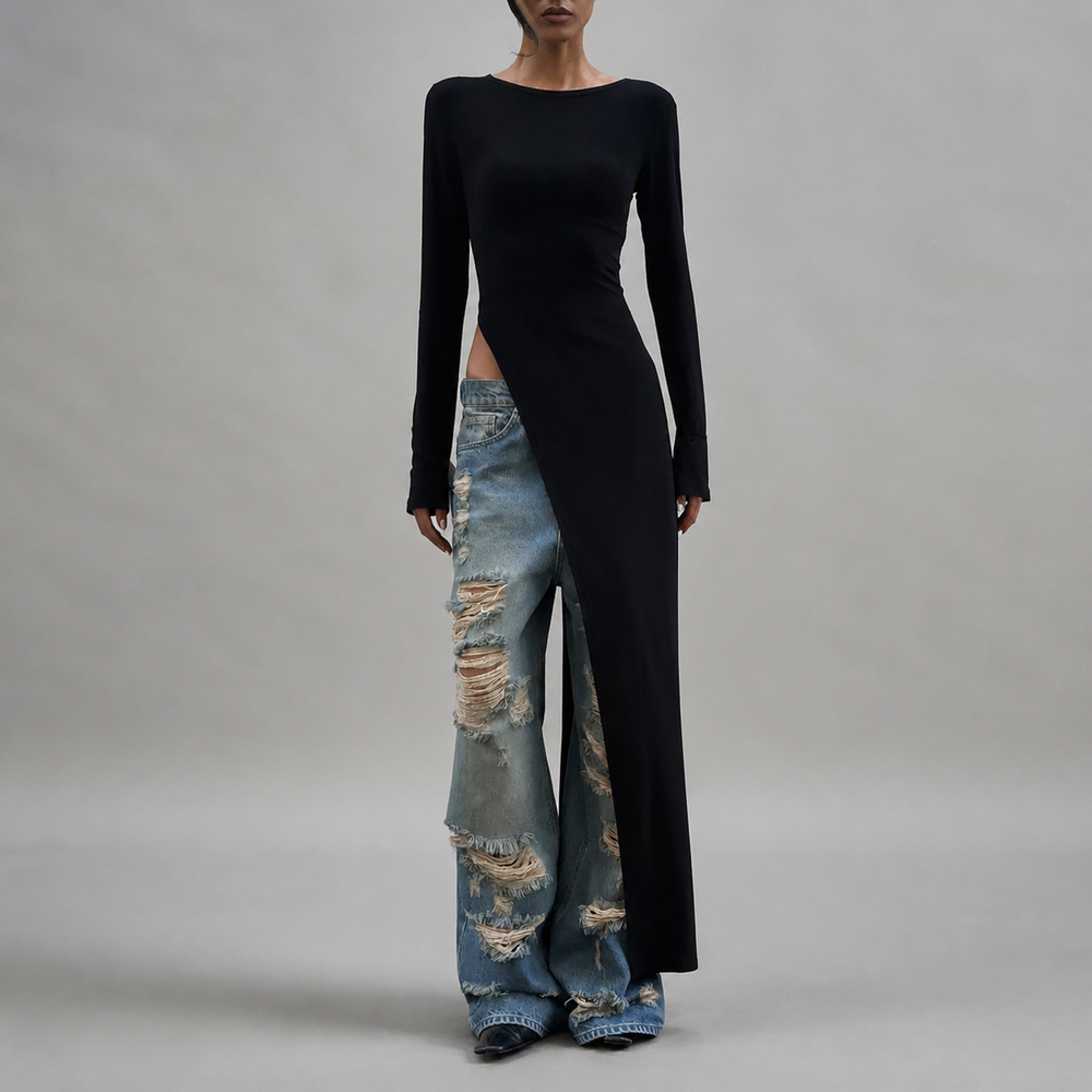 Black high-slit long-sleeve maxi dress, styled front view