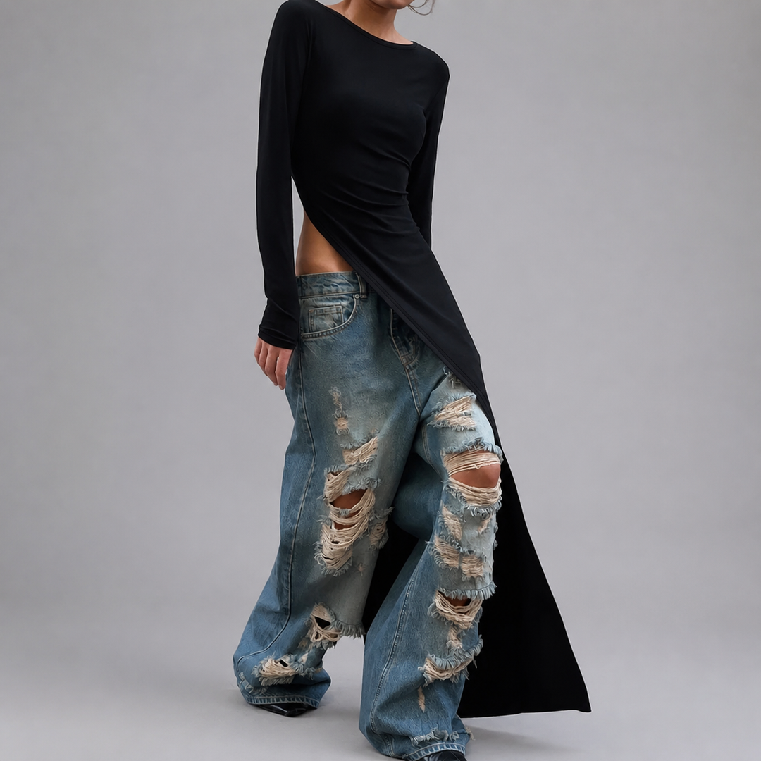 Black high-slit long-sleeve maxi dress, styled side view