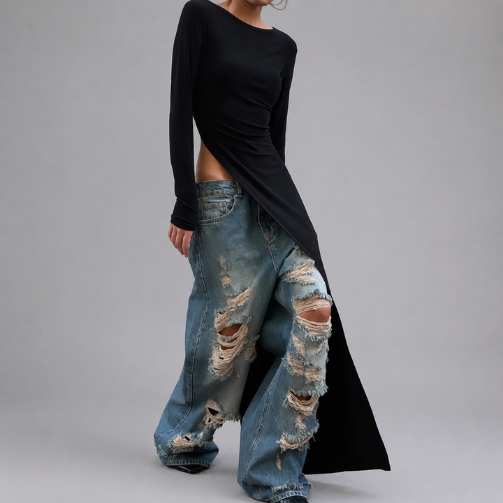 Black high-slit long-sleeve maxi dress, styled side view