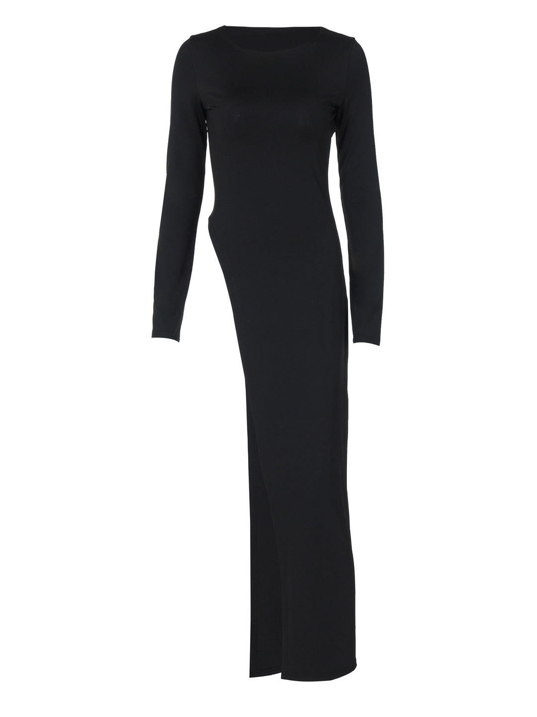 Black high-slit long-sleeve maxi dress, product-only front view