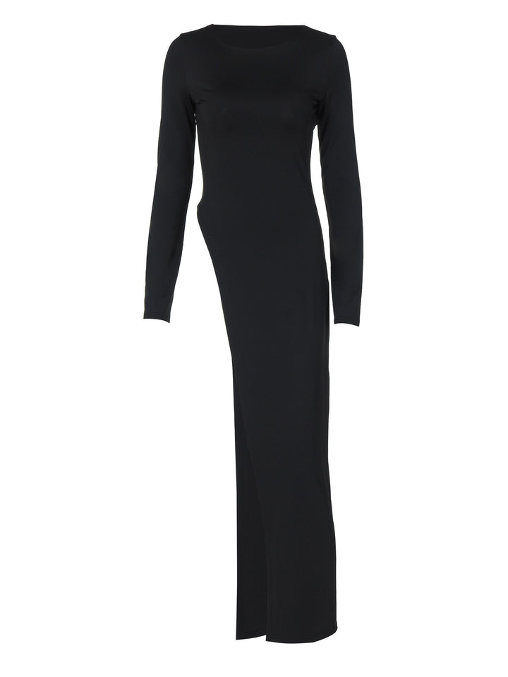 Black high-slit long-sleeve maxi dress, product-only front view