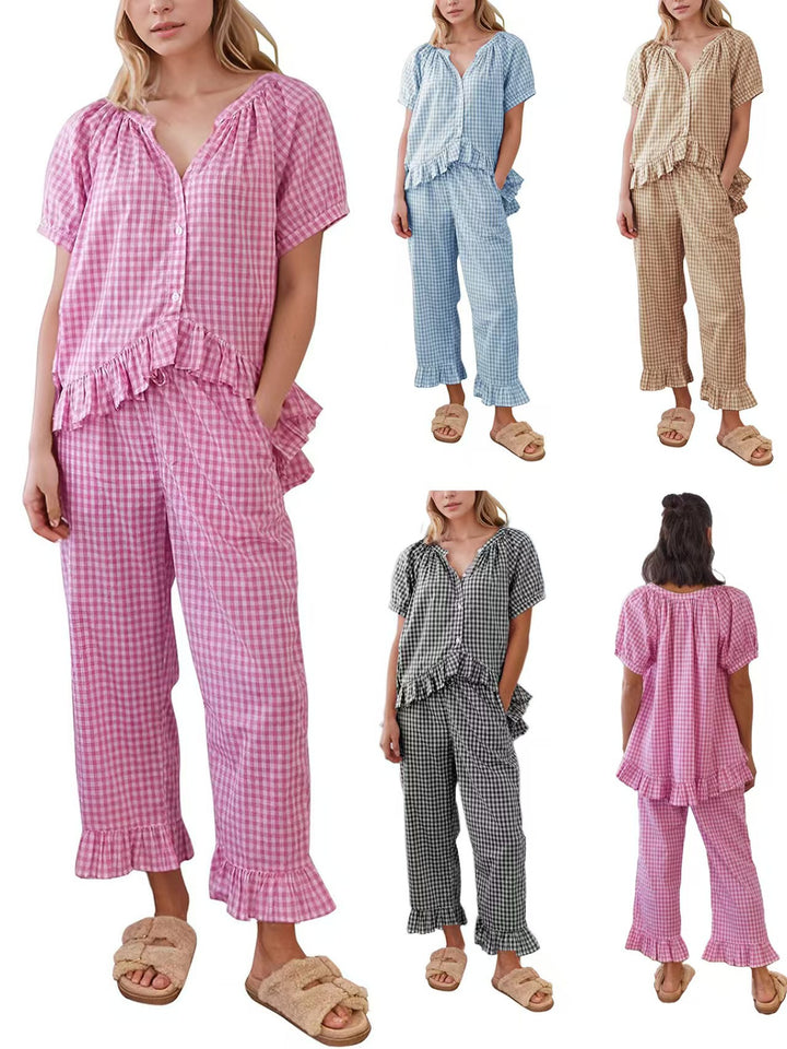 Gingham ruffle cotton pajama set, color and back views