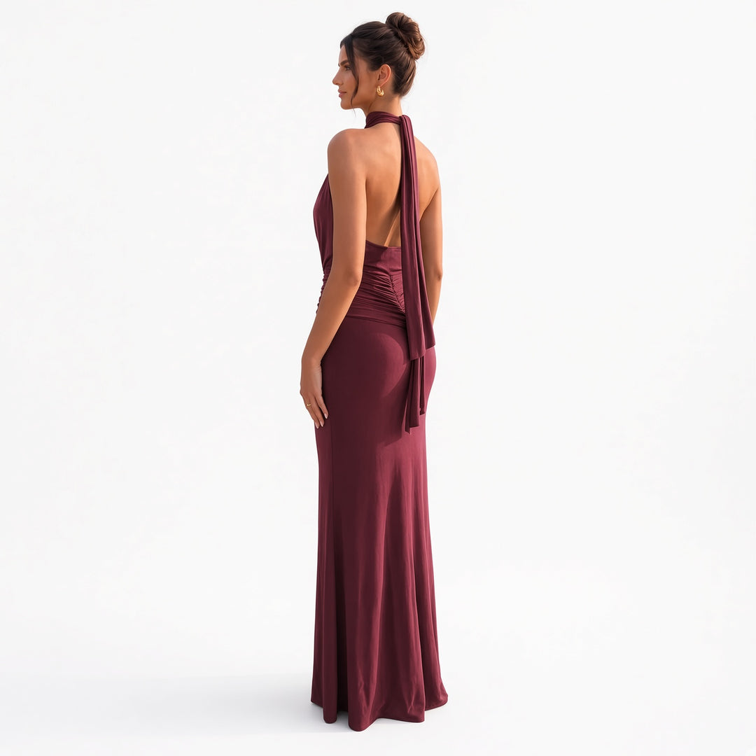 The Elara Draped Halter Neck Maxi Dress in Burgundy, back view