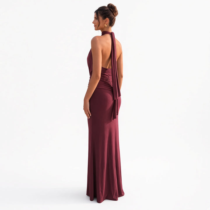 The Elara Draped Halter Neck Maxi Dress in Burgundy, back view