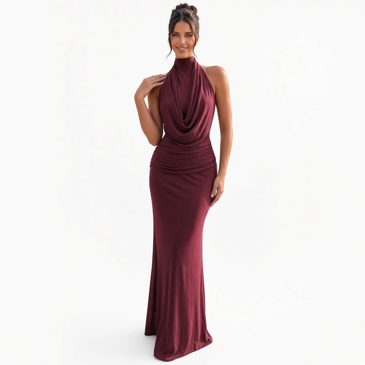 The Elara Draped Halter Neck Maxi Dress in Burgundy, front view