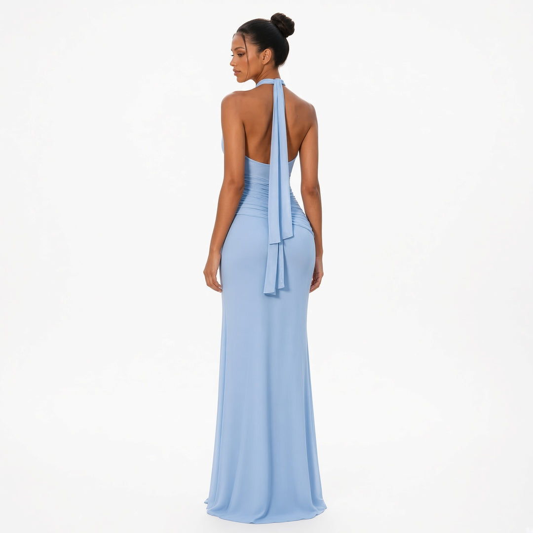 The Elara Draped Halter Neck Maxi Dress in Sky Blue, back view