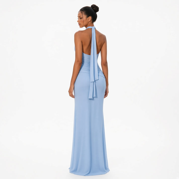 The Elara Draped Halter Neck Maxi Dress in Sky Blue, back view