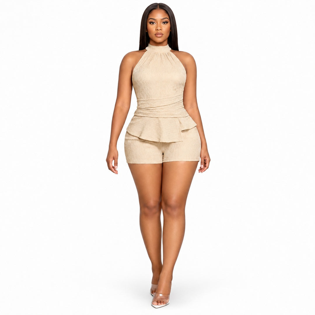 The Elara Ruched Halter Peplum Romper Set in apricot, front view