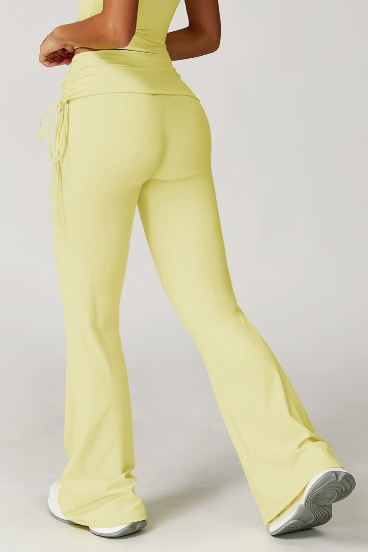 Back waist and side drawstring detail of The Elara foldover flare pants