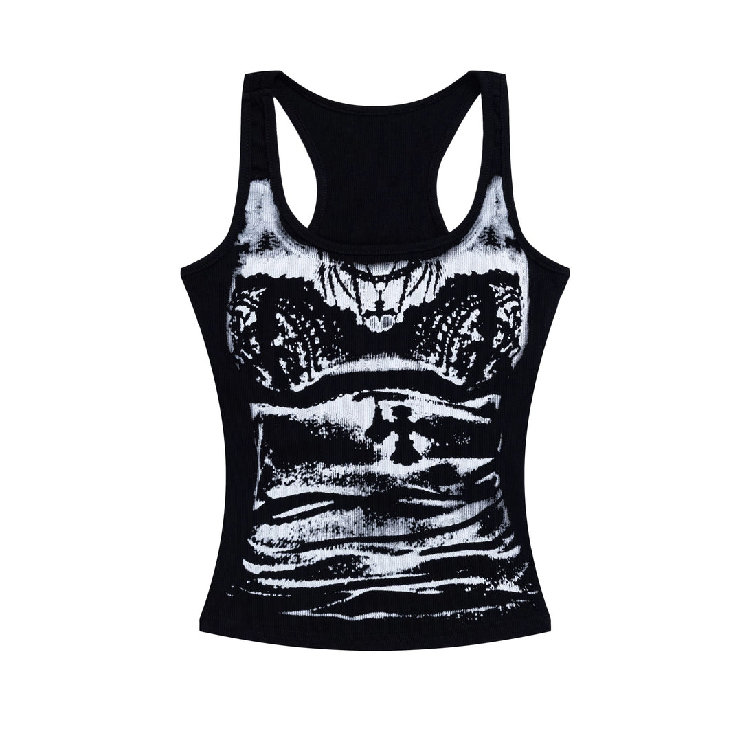 The Elara Y2K graphic U-neck tank top in black front view