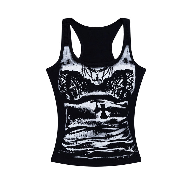 The Elara Y2K graphic U-neck tank top in black front view