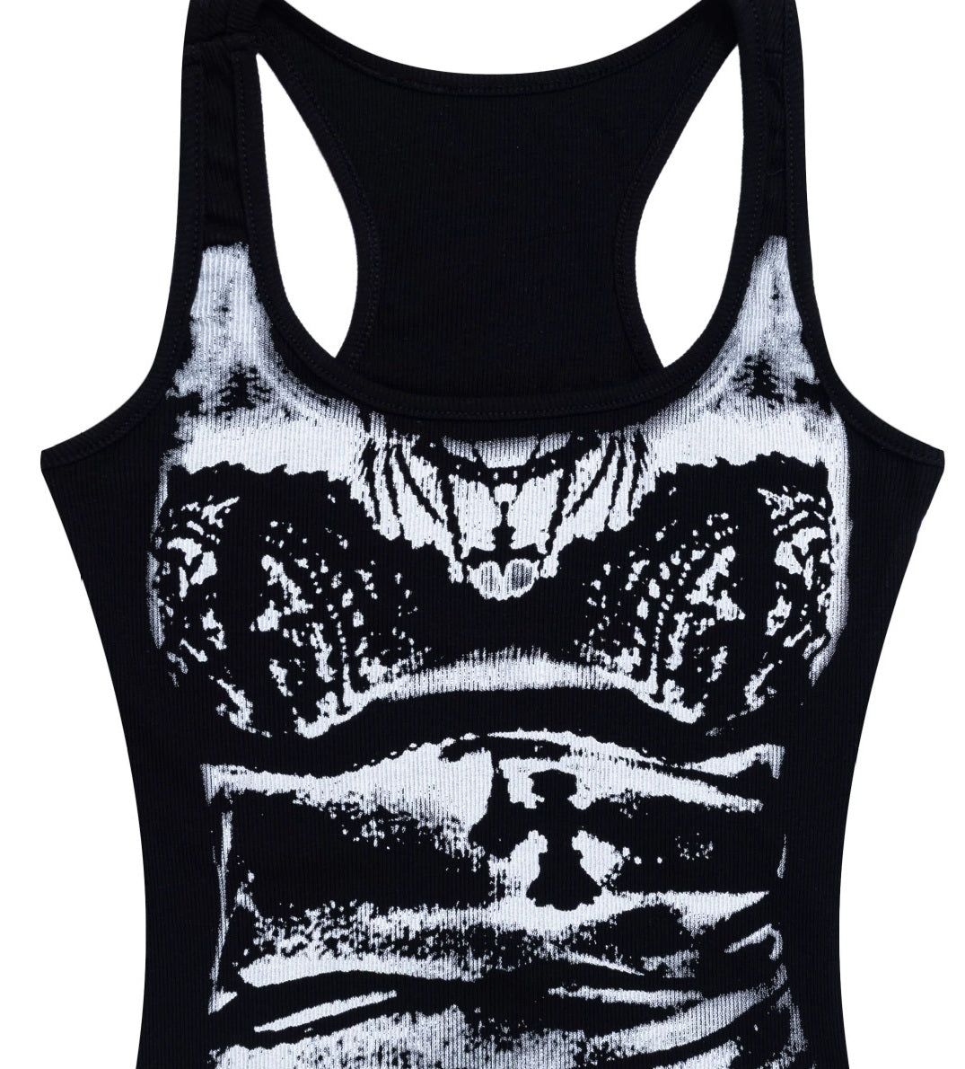 Close-up of the graphic print and U-neckline on The Elara tank top