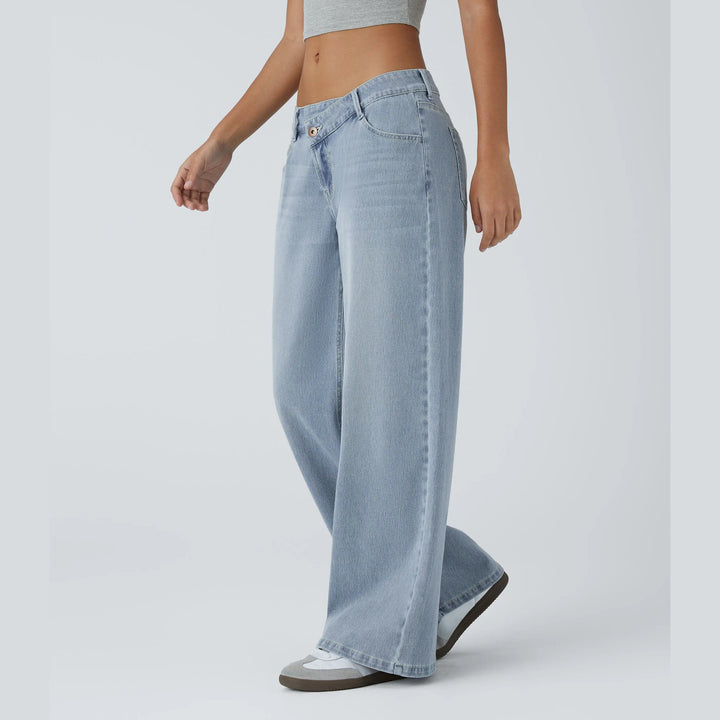 Side view showing the relaxed wide-leg drape of The Elara jeans