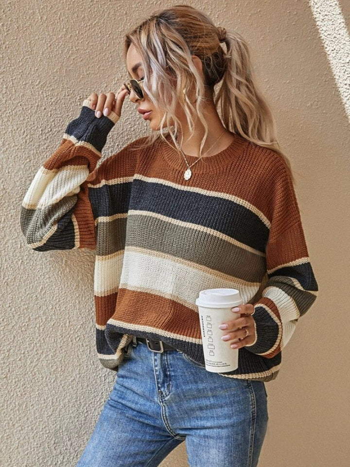 Close styling view of the stripe pattern on The Elara relaxed sweater