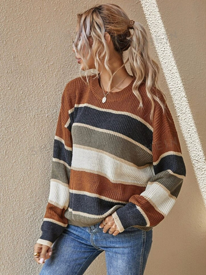 Relaxed sleeve and round neckline view of The Elara striped sweater