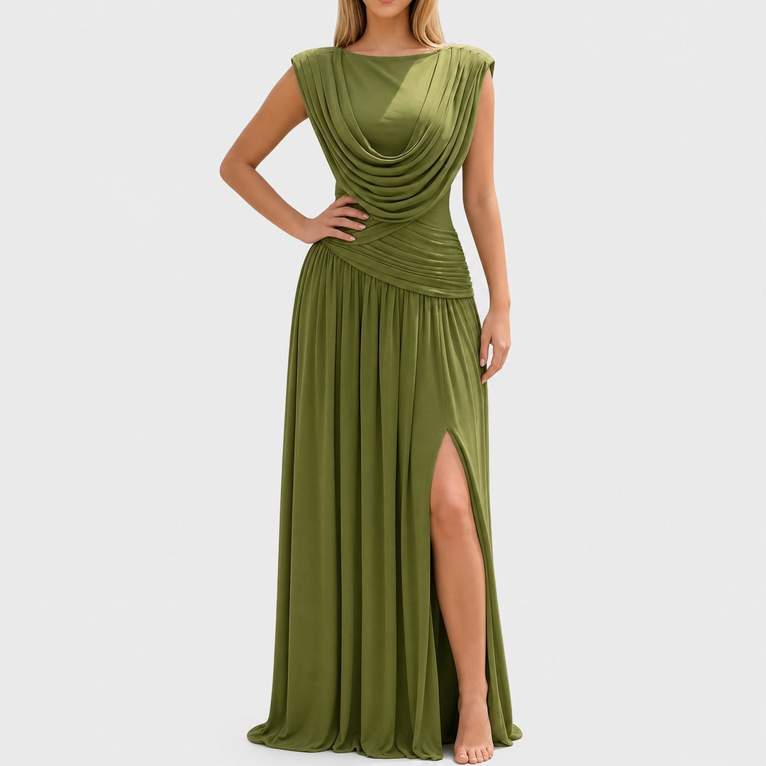 The Elara convertible cowl drape maxi dress in green front view